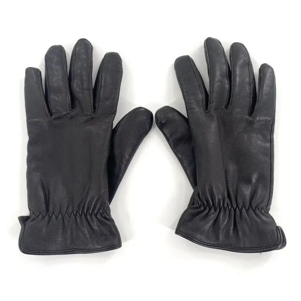 Vintage Womens Leather Gloves Sz L Black Fleece Lined‎ Gathered Wrist
